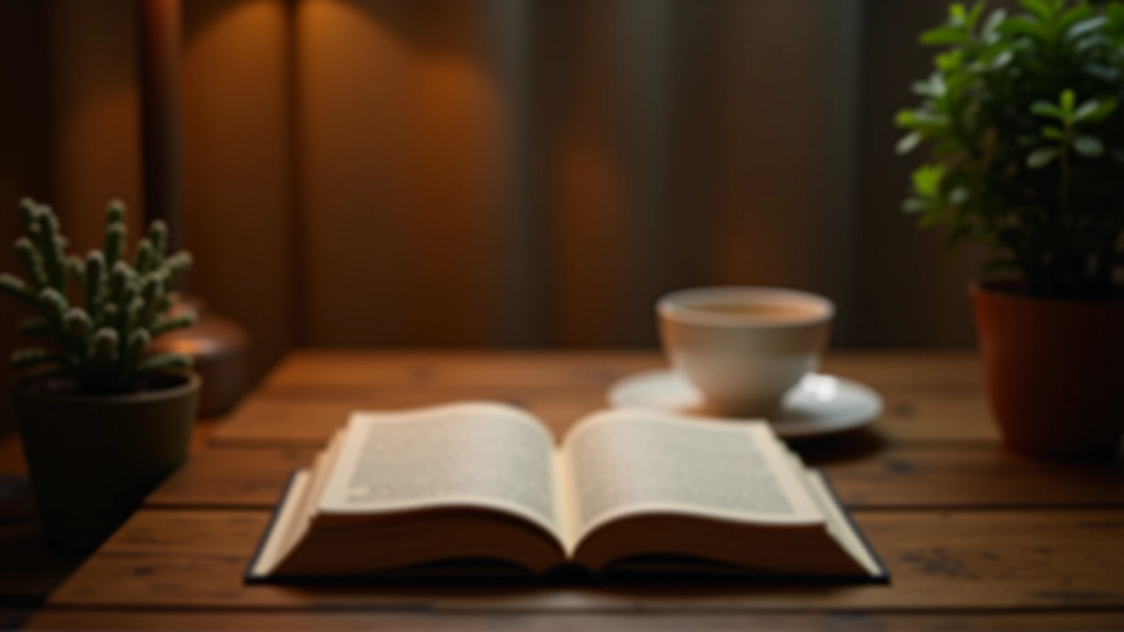 Cozy journaling setup with tea, journal, and plants on bedside table at evening