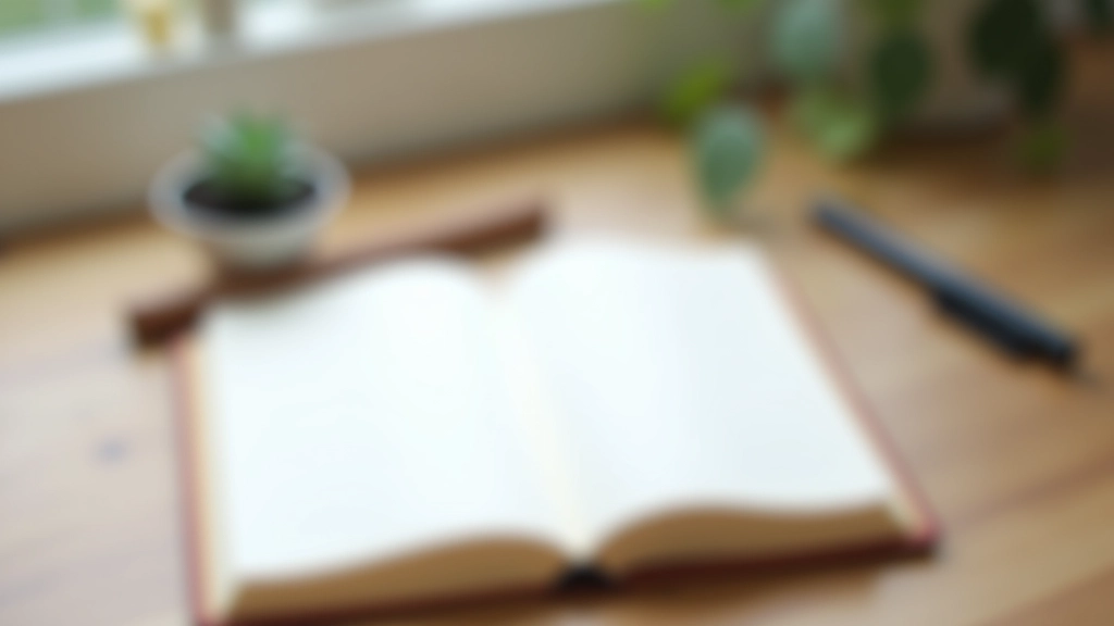 Flat lay of journaling supplies including notebook, pen, and decorative items arranged neatly