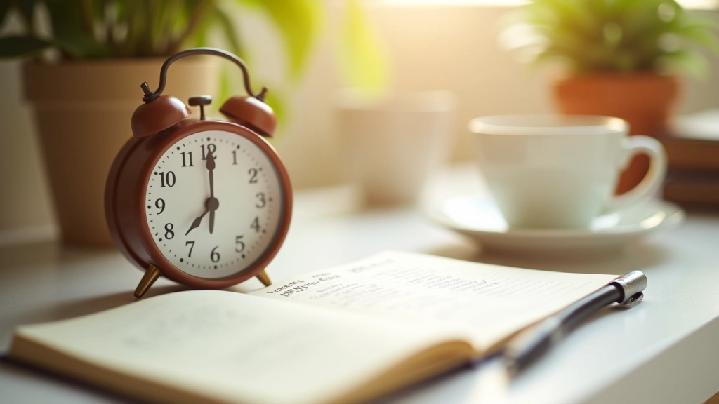 Clock and journal pages showing daily schedule planning with time blocks for morning, afternoon, and evening reflection sessions