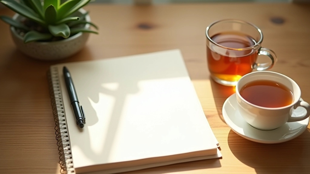 Organized journaling space with notebooks, pen, and morning tea on light wooden surface