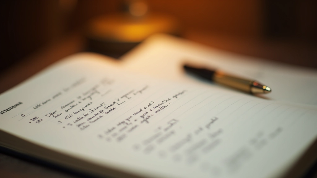 Close-up of handwritten journal notes with structured headings and flowing text