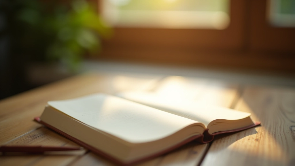 Open journal with pen on wooden desk, morning light creating peaceful atmosphere