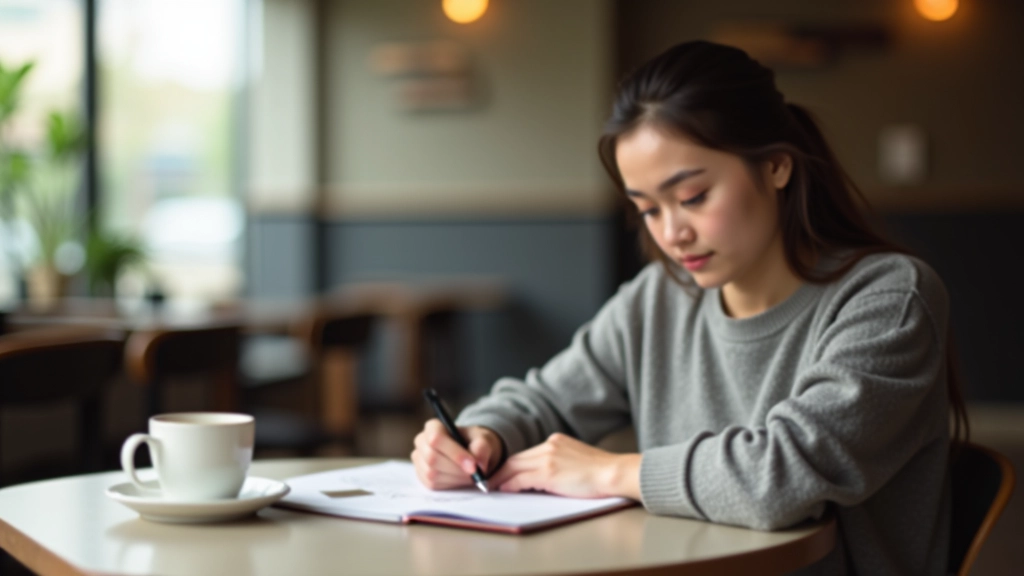 Person writing in journal at cafÃ© table with coffee cup nearby