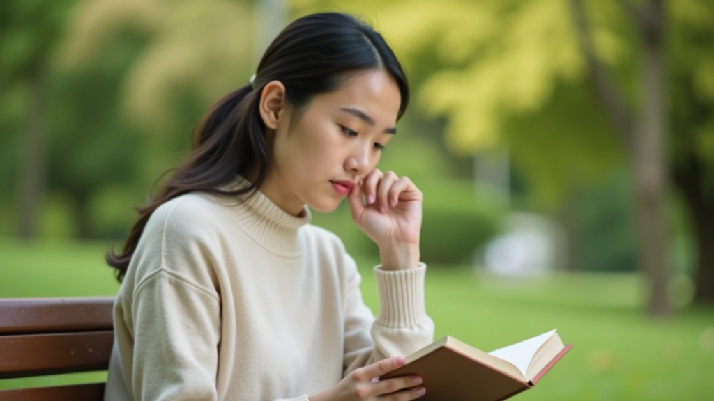 Person reflecting outdoors with notebook, looking thoughtful