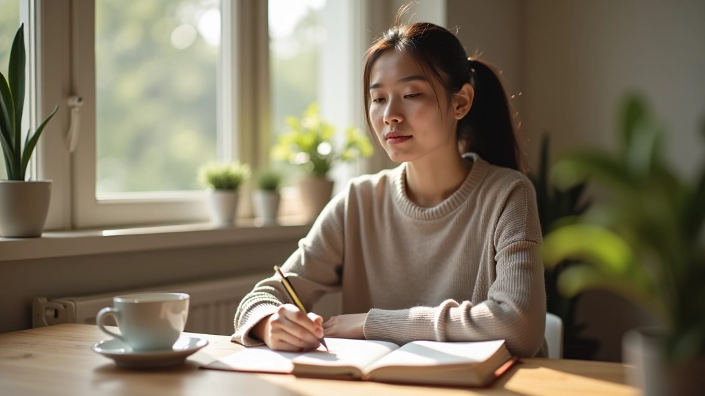 Person sitting at a wooden desk with journal and morning coffee, soft natural light coming through a window, peaceful morning setting