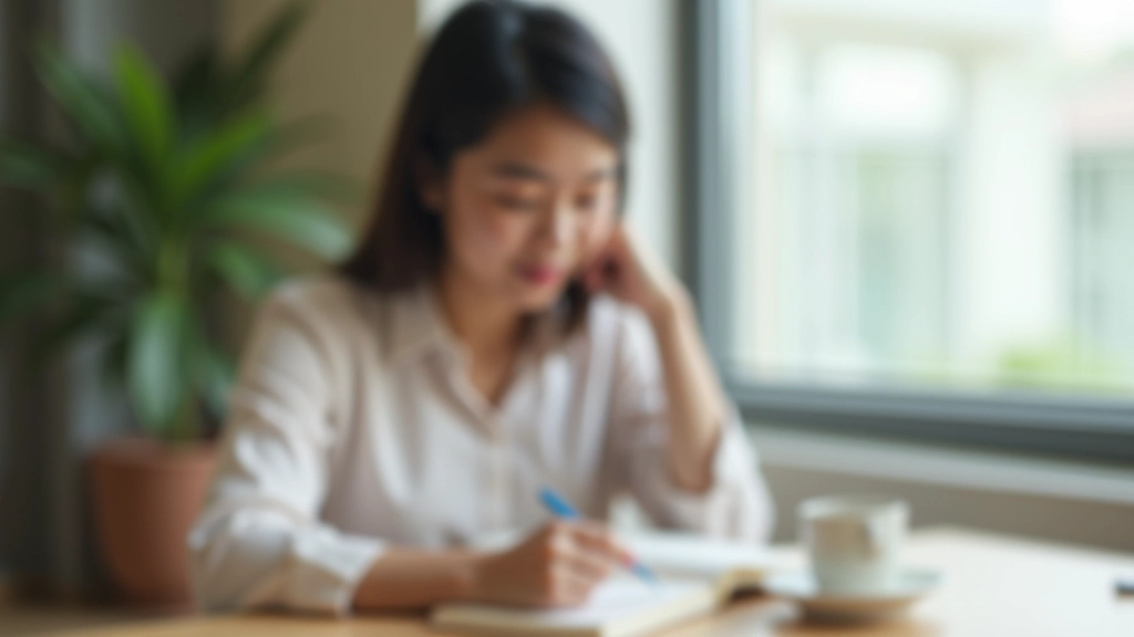 Person in light clothing journaling at table with coffee, contemplative moment during writing