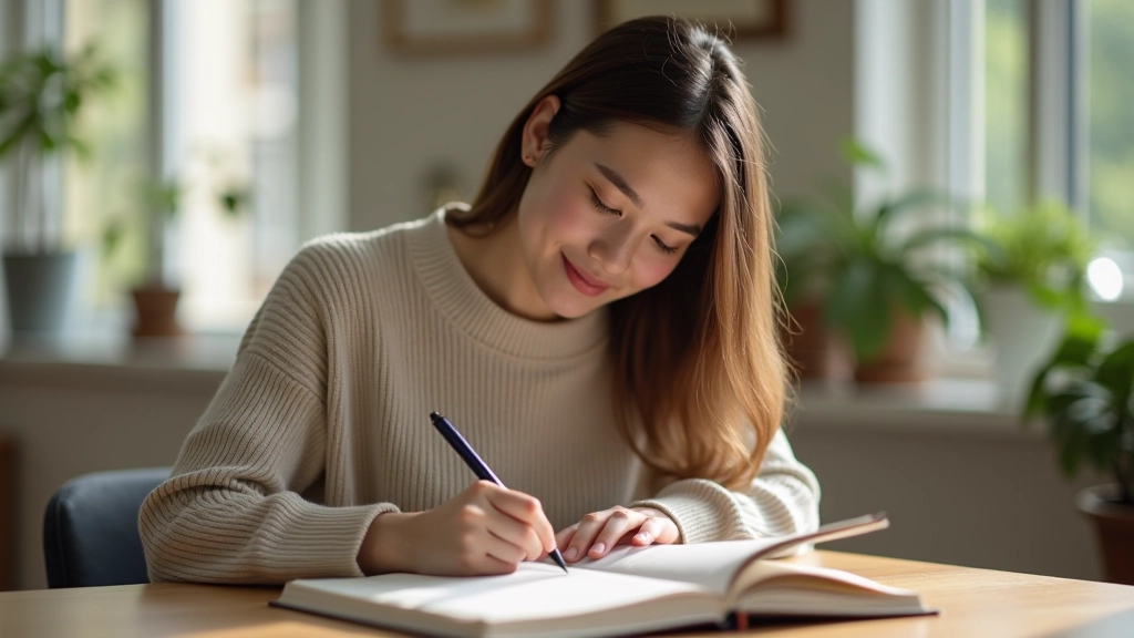 Close-up of handwritten journal with gratitude reflections and pen on workspace