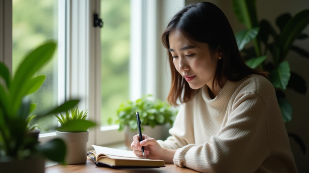 Person writing in journal with focused expression, surrounded by plants on windowsill, natural light illuminating the journaling session