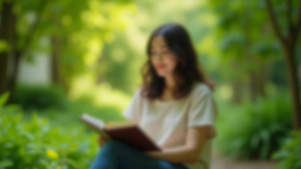 Peaceful outdoor moment with journal resting on lap near green plants and natural setting