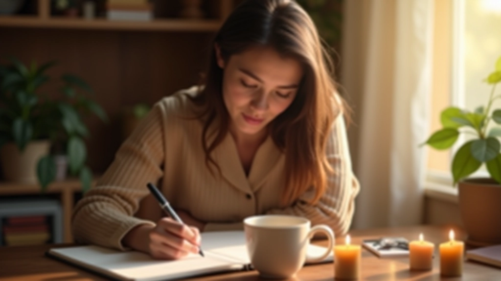 Woman writing in journal during morning routine with coffee and candles