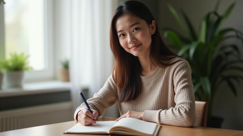 Woman writing in journal during peaceful morning reflection session